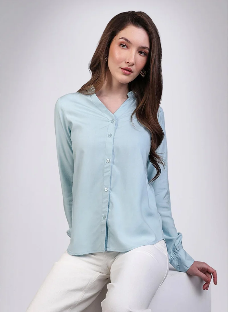 Urbano Fashion Women's Light Sky Blue Modal Viscose Full Sleeve Regular Fit Casual Solid Shirt with Mandarin Collar